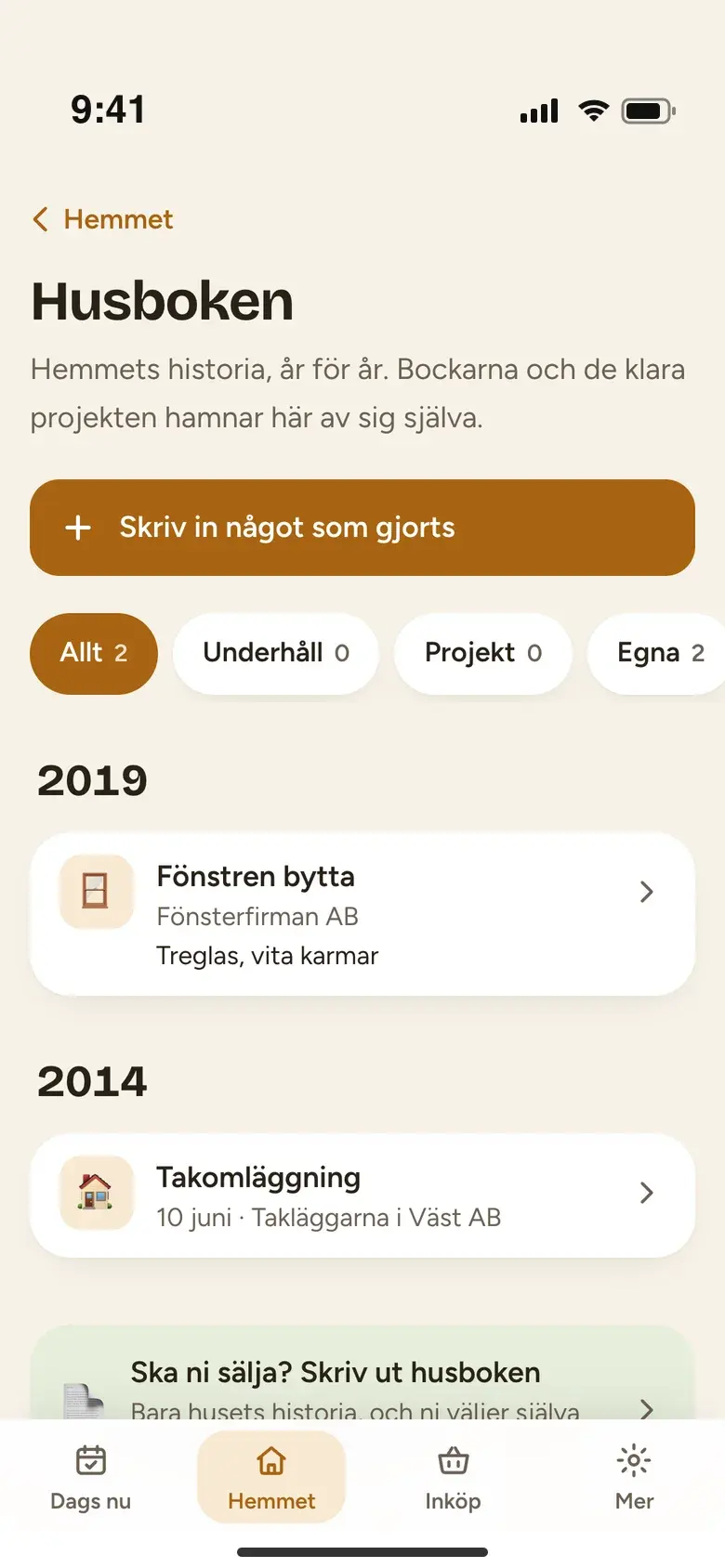 Husboken med hemmets historia år för år